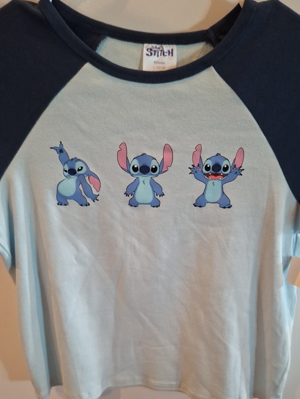 Disney Light Blue Raglan Tee with Navy Sleeves - Stitch Trio